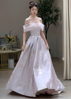 Dreamy Lavender Gray Pink A-Line Off-The-Shoulder Printed Satin Long Formal Prom Dress