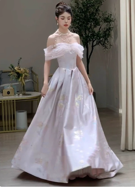 Dreamy Lavender Gray Pink A-Line Off-The-Shoulder Printed Satin Long Formal Prom Dress
