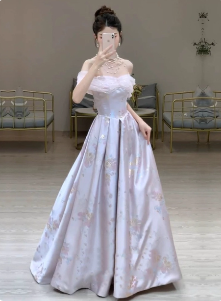 Dreamy Lavender Gray Pink A-Line Off-The-Shoulder Printed Satin Long Formal Prom Dress