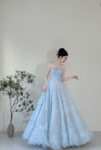 Dreamy Light Blue A-Line Strapless Tulle Floor-Length Formal Prom Dress