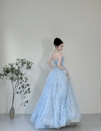 Dreamy Light Blue A-Line Strapless Tulle Floor-Length Formal Prom Dress