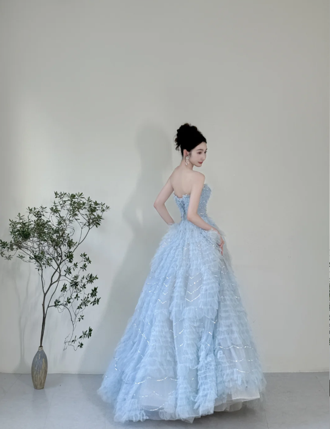 Dreamy Light Blue A-Line Strapless Tulle Floor-Length Formal Prom Dress