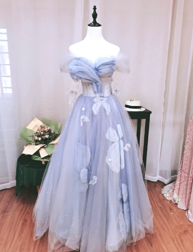 Dreamy Light Blue Butterfly Off-Shoulder Tulle Floor Length Ball Gown Prom Dress Secondary image