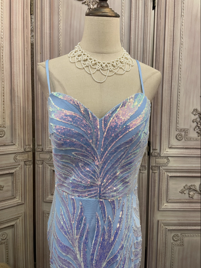 Dreamy Light Blue Ombre Mermaid Spaghetti Strap Iridescent Sequin Train Formal Prom Dress
