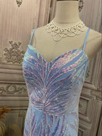 Dreamy Light Blue Ombre Mermaid Spaghetti Strap Iridescent Sequin Train Formal Prom Dress