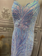 Dreamy Light Blue Ombre Mermaid Spaghetti Strap Iridescent Sequin Train Formal Prom Dress