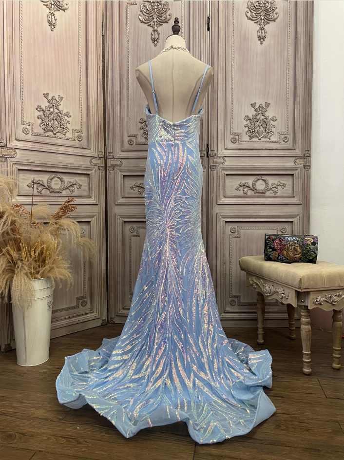 Dreamy Light Blue Ombre Mermaid Spaghetti Strap Iridescent Sequin Train Formal Prom Dress