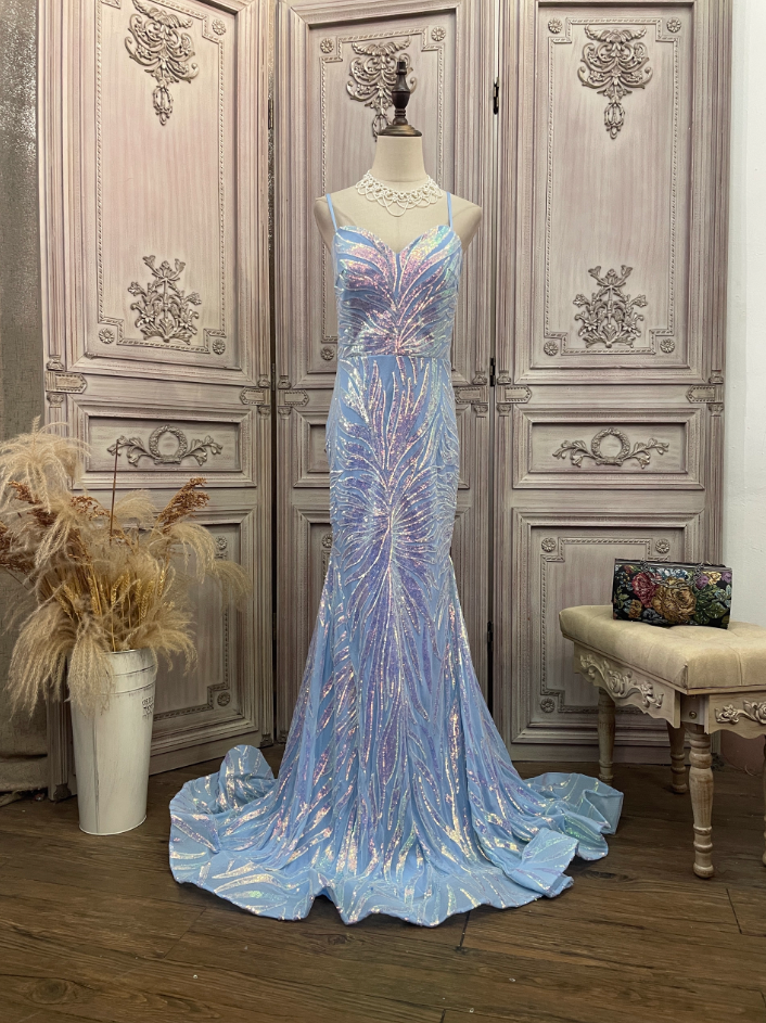 Dreamy Light Blue Ombre Mermaid Spaghetti Strap Iridescent Sequin Train Formal Prom Dress Main image