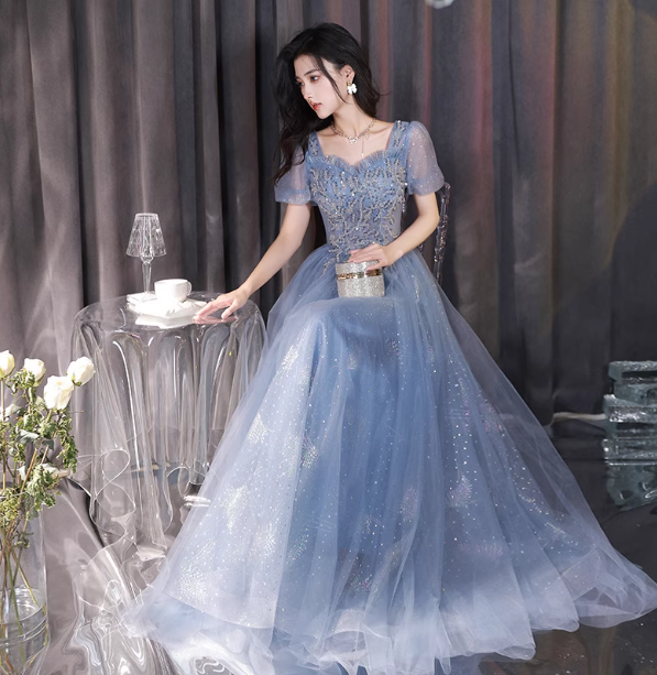 Dreamy Light Blue Square Neck Puff Sleeve A-Line Embroidered Sequined Tulle Long Formal Prom Dress