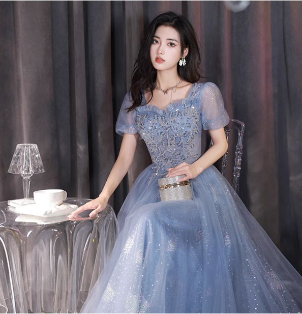Dreamy Light Blue Square Neck Puff Sleeve A-Line Embroidered Sequined Tulle Long Formal Prom Dress