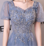 Dreamy Light Blue Square Neck Puff Sleeve A-Line Embroidered Sequined Tulle Long Formal Prom Dress