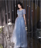 Dreamy Light Blue Square Neck Puff Sleeve A-Line Embroidered Sequined Tulle Long Formal Prom Dress