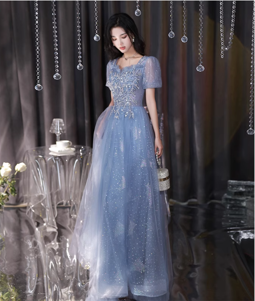 Dreamy Light Blue Square Neck Puff Sleeve A-Line Embroidered Sequined Tulle Long Formal Prom Dress