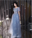 Dreamy Light Blue Square Neck Puff Sleeve A-Line Embroidered Sequined Tulle Long Formal Prom Dress