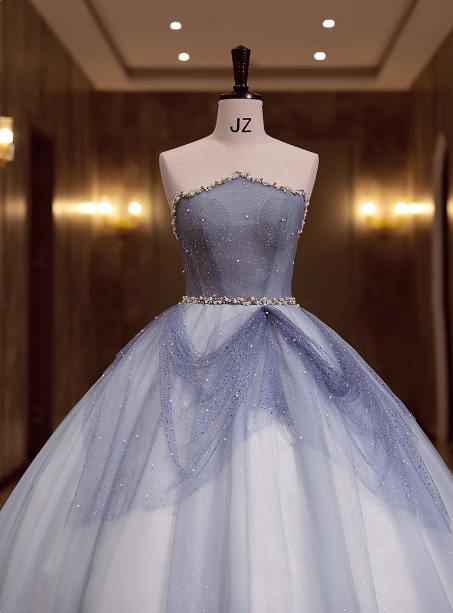 Dreamy Light Blue Strapless Tulle Ball Gown Prom Dress Sweet 16 Dress