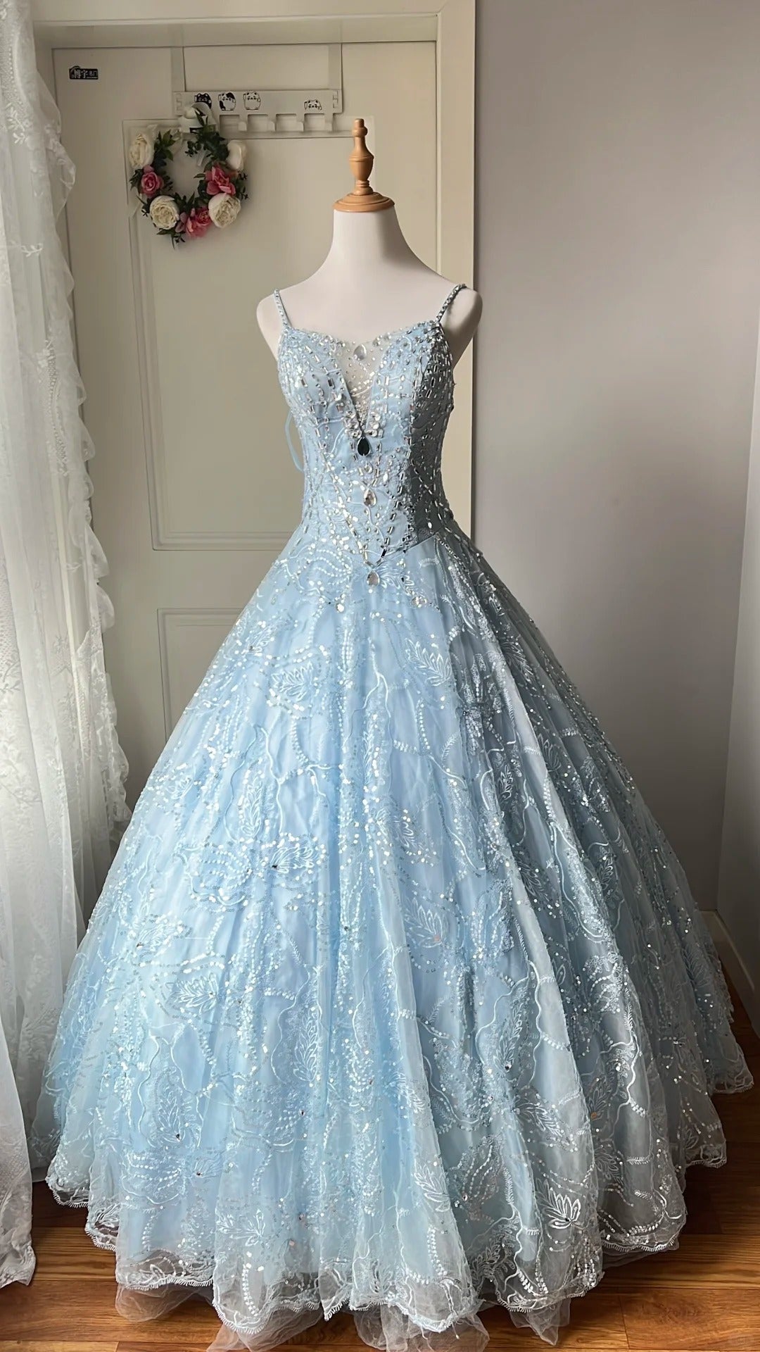 Dreamy Light Blue V-Neck Rhinestone Tulle Long Formal Prom Dress
