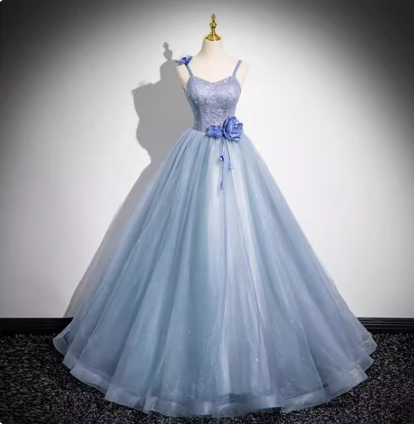 Dreamy Light Haze Blue Thin Strap 3D Floral Tulle Ball Gown Prom Dress Sweet 16 Dress