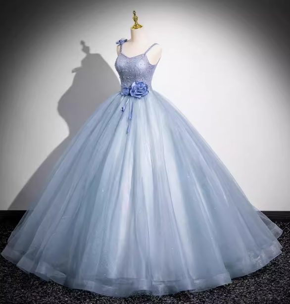 Dreamy Light Haze Blue Thin Strap 3D Floral Tulle Ball Gown Prom Dress Sweet 16 Dress