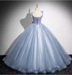 Dreamy Light Haze Blue Thin Strap 3D Floral Tulle Ball Gown Prom Dress Sweet 16 Dress