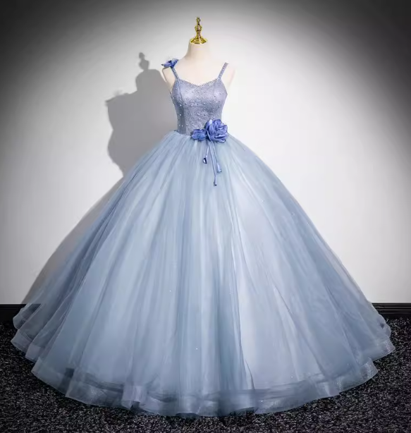 Dreamy Light Haze Blue Thin Strap 3D Floral Tulle Ball Gown Prom Dress Sweet 16 Dress Main image