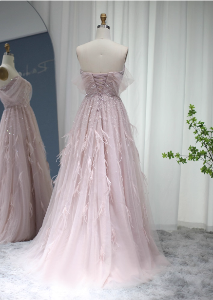 Dreamy Light Pink A-Line Sweetheart Neck Feather Beaded Tulle Long Formal Prom Dress Secondary image