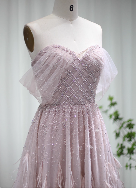 Dreamy Light Pink A-Line Sweetheart Neck Feather Beaded Tulle Long Formal Prom Dress