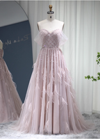 Dreamy Light Pink A-Line Sweetheart Neck Feather Beaded Tulle Long Formal Prom Dress