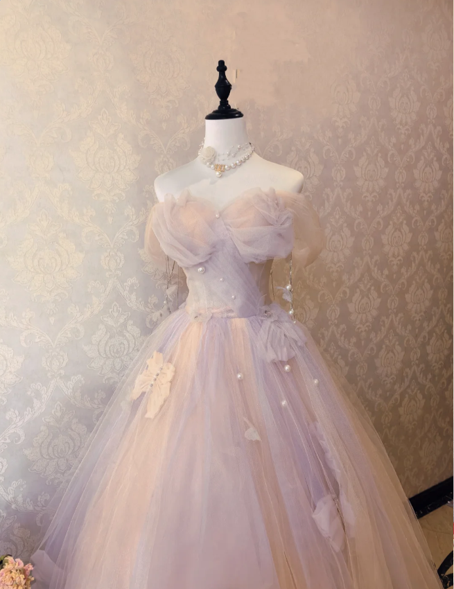 Dreamy Light Pink Off-Shoulder Tulle Floor-Length Ball Gown Prom Dress