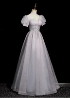 Dreamy Light Purple A-Line Square Neck Short Sleeve Tulle Long Formal Prom Dress