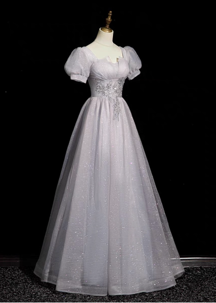 Dreamy Light Purple A-Line Square Neck Short Sleeve Tulle Long Formal Prom Dress