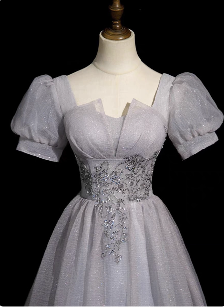 Dreamy Light Purple A-Line Square Neck Short Sleeve Tulle Long Formal Prom Dress