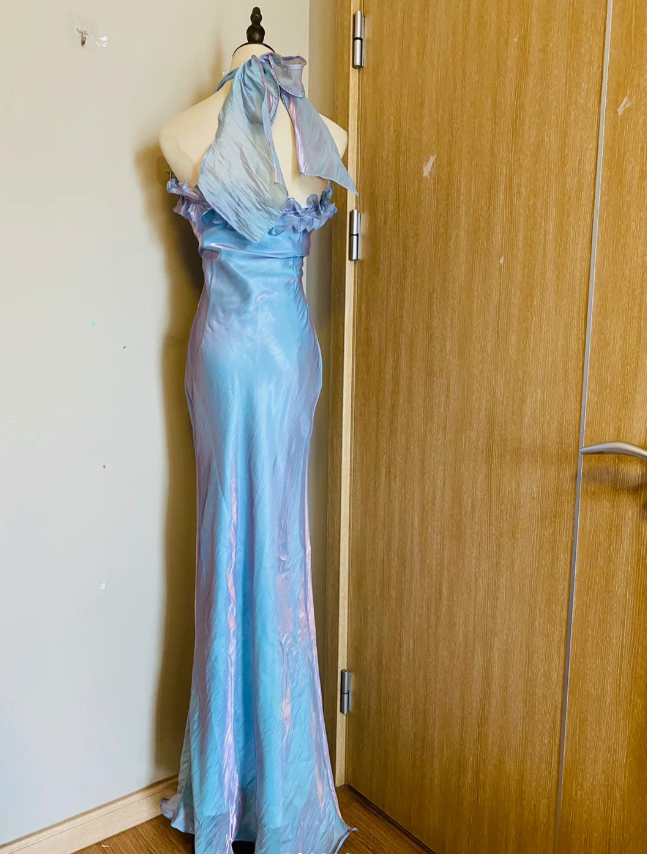 Dreamy Mermaid 3D Floral Ruffle Halter Neck Satin Long Formal Prom Dress