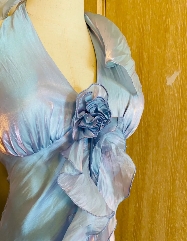 Dreamy Mermaid 3D Floral Ruffle Halter Neck Satin Long Formal Prom Dress