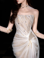 Dreamy Mermaid Strapless High-Slit Rhinestone Tulle Long Formal Prom Dress