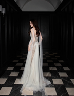 Dreamy Mermaid Strapless High-Slit Rhinestone Tulle Long Formal Prom Dress