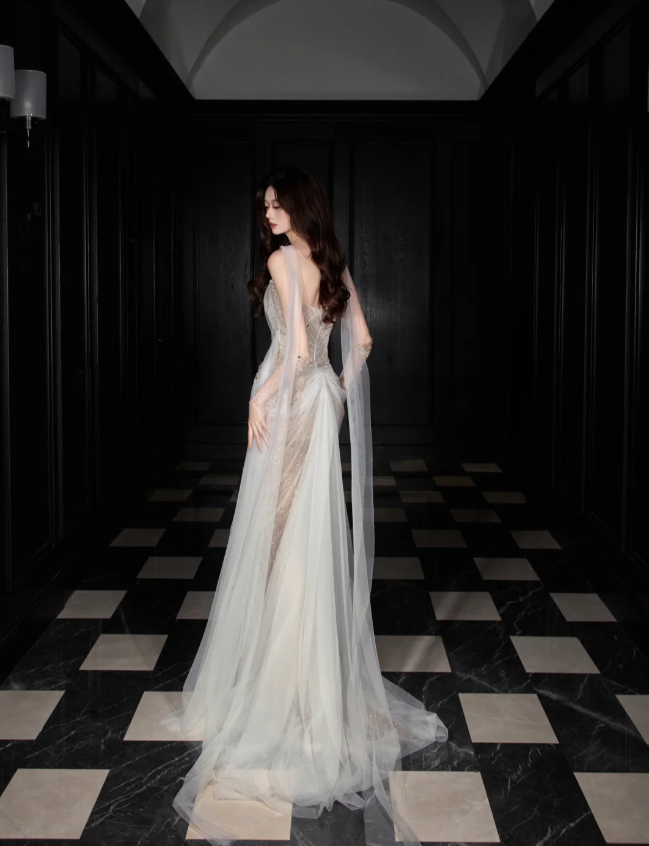 Dreamy Mermaid Strapless High-Slit Rhinestone Tulle Long Formal Prom Dress