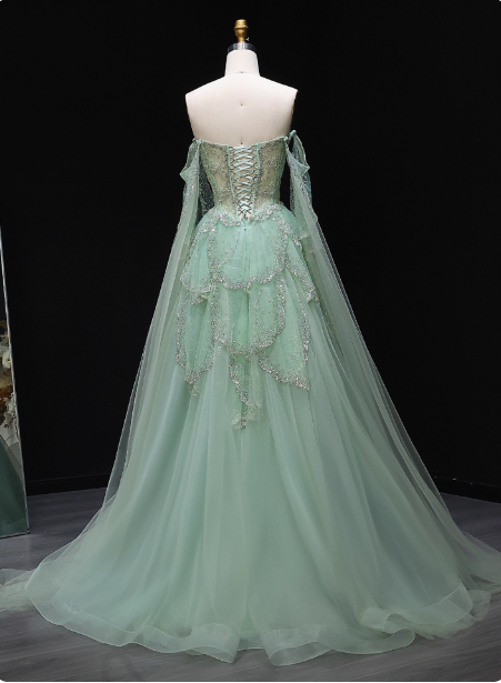Dreamy Mint Green Off-The-Shoulder Sequin Layered Tulle Train Formal Prom Dress Secondary image