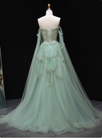 Dreamy Mint Green Off-The-Shoulder Sequin Layered Tulle Train Formal Prom Dress