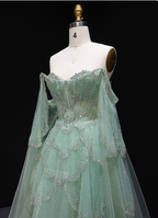 Dreamy Mint Green Off-The-Shoulder Sequin Layered Tulle Train Formal Prom Dress