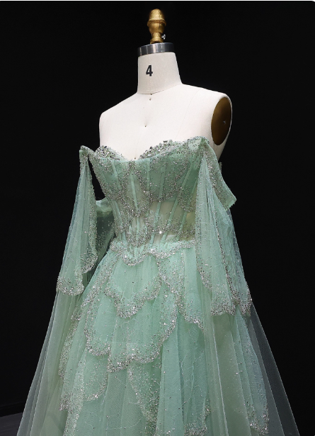 Dreamy Mint Green Off-The-Shoulder Sequin Layered Tulle Train Formal Prom Dress