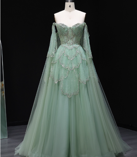 Dreamy Mint Green Off-The-Shoulder Sequin Layered Tulle Train Formal Prom Dress Main image