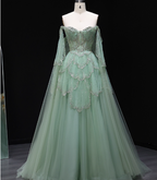 Dreamy Mint Green Off-The-Shoulder Sequin Layered Tulle Train Formal Prom Dress