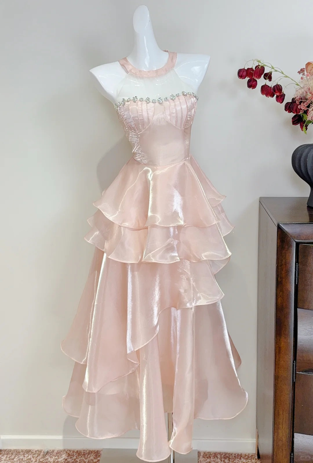 Dreamy Pink A-Line Halter Neck Ruffled Satin Formal Prom Dress Bridesmaid Dress