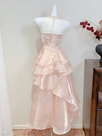 Dreamy Pink A-Line Halter Neck Ruffled Satin Formal Prom Dress Bridesmaid Dress