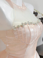 Dreamy Pink A-Line Halter Neck Ruffled Satin Formal Prom Dress Bridesmaid Dress