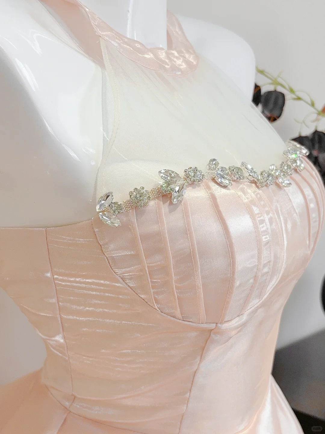 Dreamy Pink A-Line Halter Neck Ruffled Satin Formal Prom Dress Bridesmaid Dress