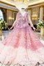 Dreamy Pink Ball Gown V-neck Long Sleeve Tulle Pleats Appliques Wedding Dress