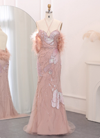 Dreamy Pink Mermaid Spaghetti Strap Open Back Beaded Sequin Tulle Long Formal Prom Dress