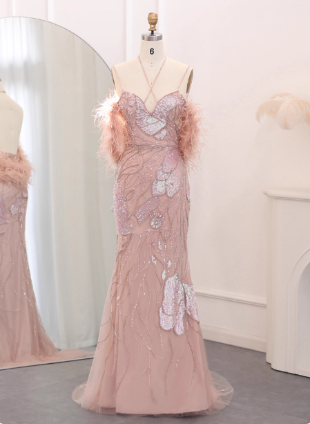 Dreamy Pink Mermaid Spaghetti Strap Open Back Beaded Sequin Tulle Long Formal Prom Dress