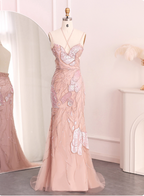 Dreamy Pink Mermaid Spaghetti Strap Open Back Beaded Sequin Tulle Long Formal Prom Dress